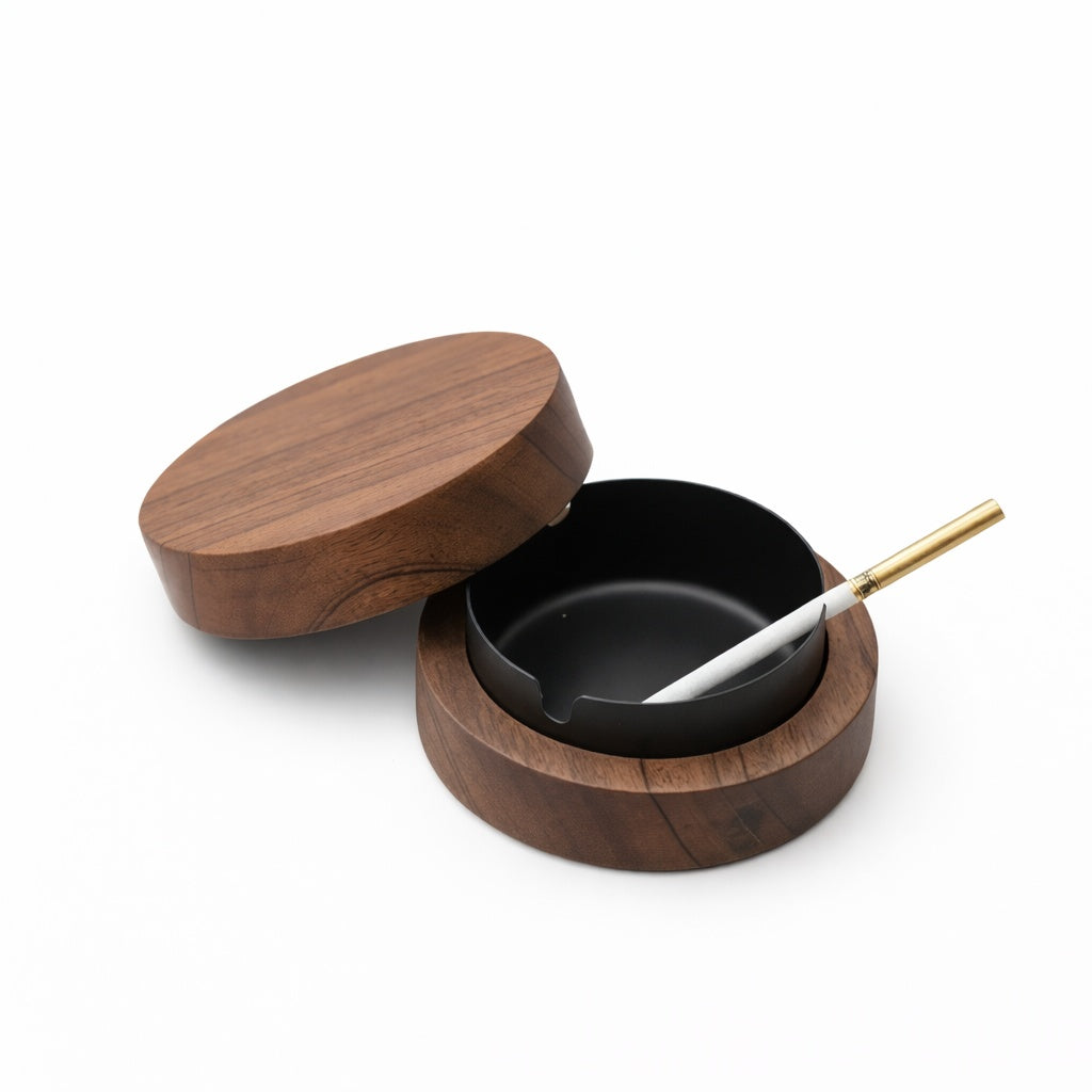 Walnut Wood Ashtray With Lid Windproof Stainless Steel Indoor/Outdoor Tray